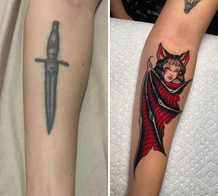 Before and after tattoo transformation showing a major upgrade from a dagger to a colorful bat-themed design.