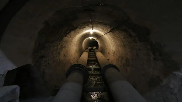 Dark underground tunnel with large pipes running through it, illustrating terrifying true stories beneath our feet.