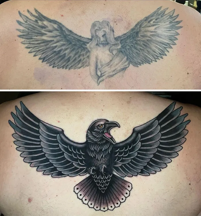 Before and after tattoo upgrade of a bird with wings spread, showcasing tattoo regrets and improvements.