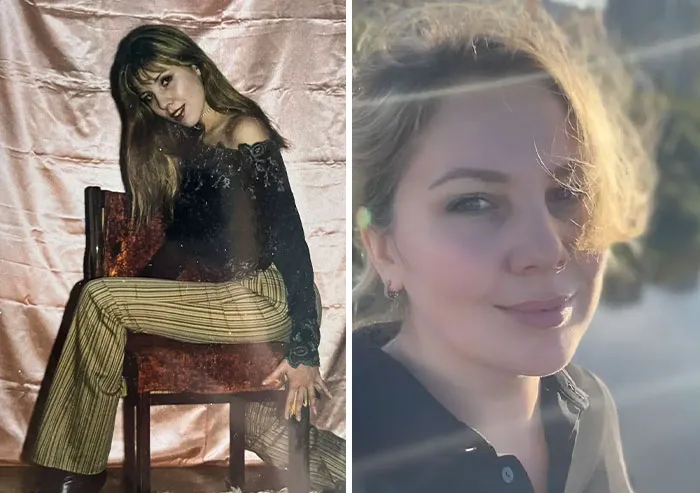 Padres jóvenes posando con estilo único, mostrando actitud y moda icónica en fotos vintage compartidas por sus hijos.