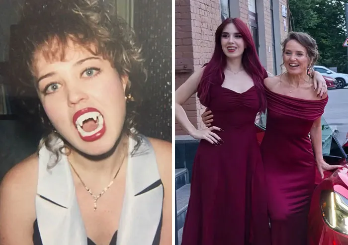 Madre e hija posando juntas con vestidos elegantes color vino, mostrando estilo y orgullo de iconos jóvenes.