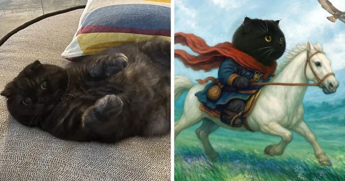 I Illustrated My Tiny-Eared Black Cat As An Adorable Ancient Hero, The Earless Wanderer (12 Pics)