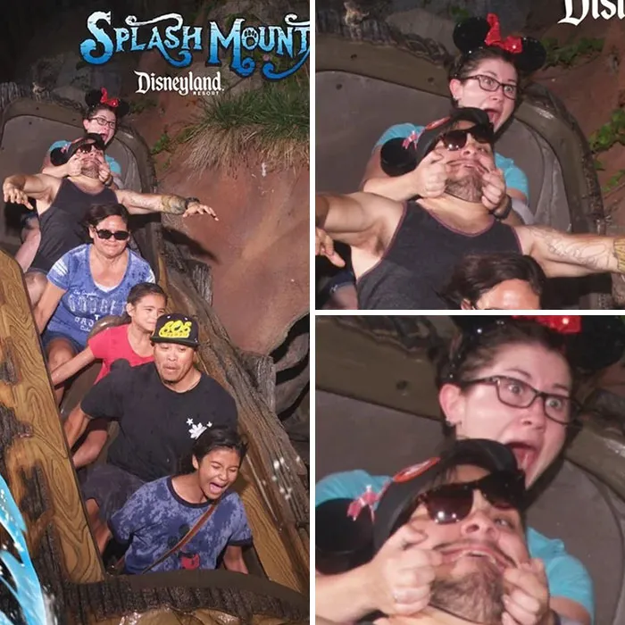 Personas con gran sentido del humor en fotos divertidas en parques de diversiones durante paseo en Splash Mountain.