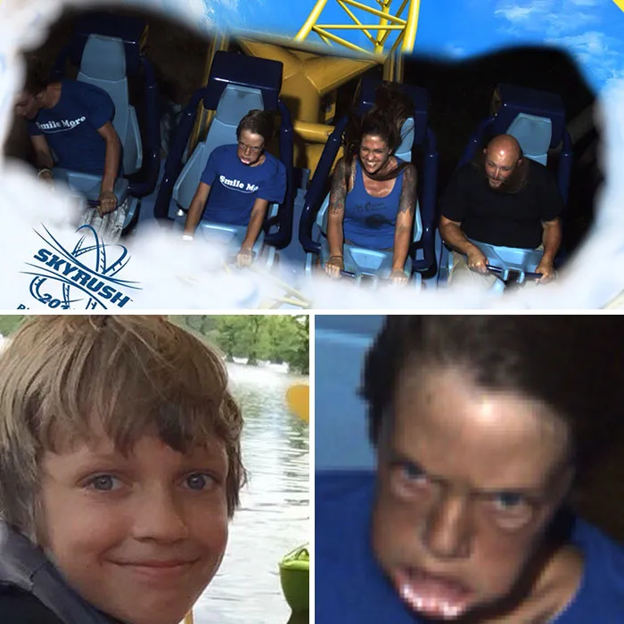 Esta foto de la montaña rusa perseguirá a mi hijo para siempre (su cara normal como referencia)