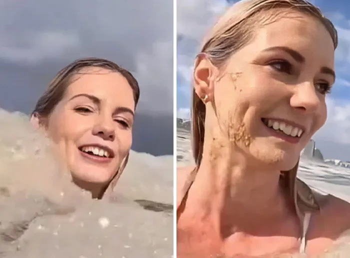 La influencer presumió que nadaba entre "espuma de mar", pero en realidad nadaba cerca de la boca de una tubería de drenaje.