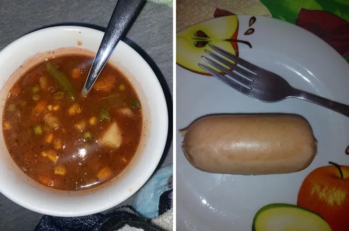 Side-by-side image showing two different meals highlighting funny photos revealing differences between moms and dads