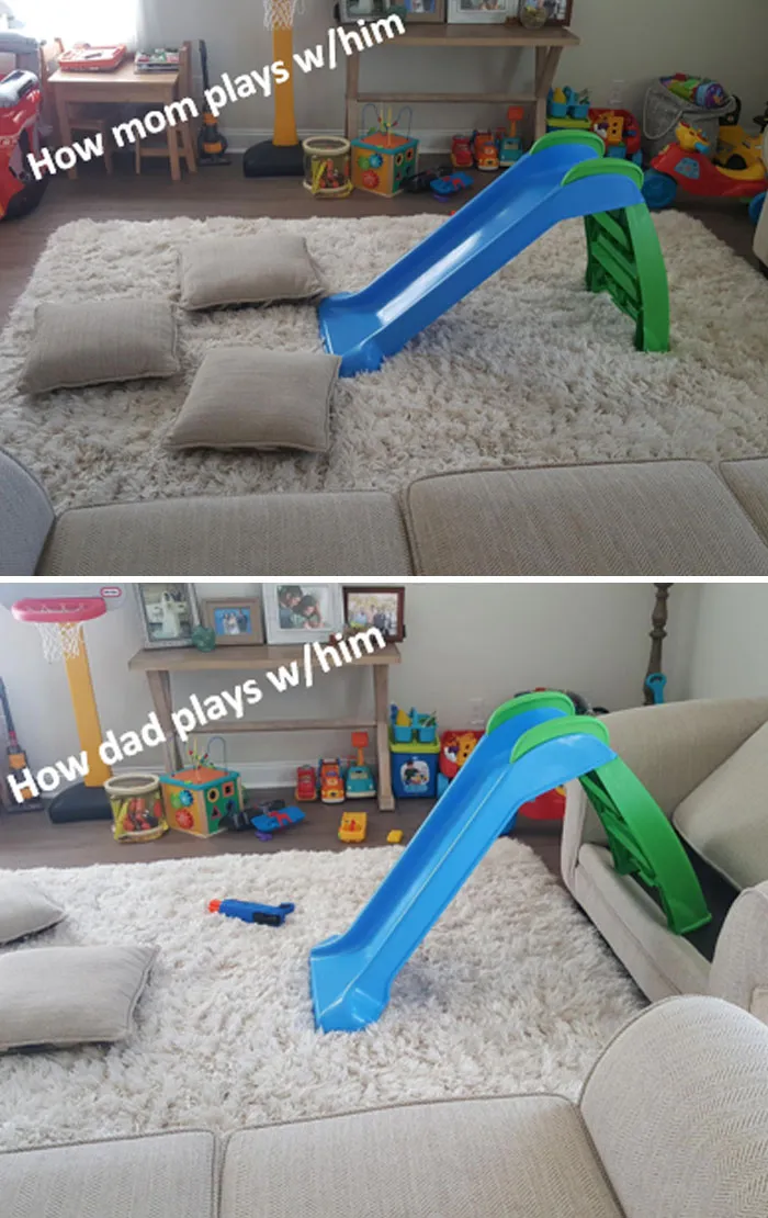 Living room showing stark differences between moms and dads playing with kids using a slide and cushions for safety.