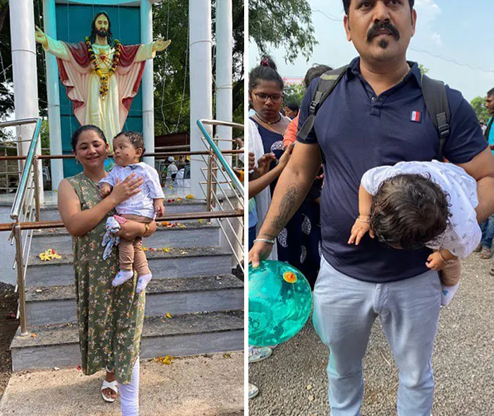 Side-by-side photos showing funny differences between moms and dads holding their toddlers outdoors.