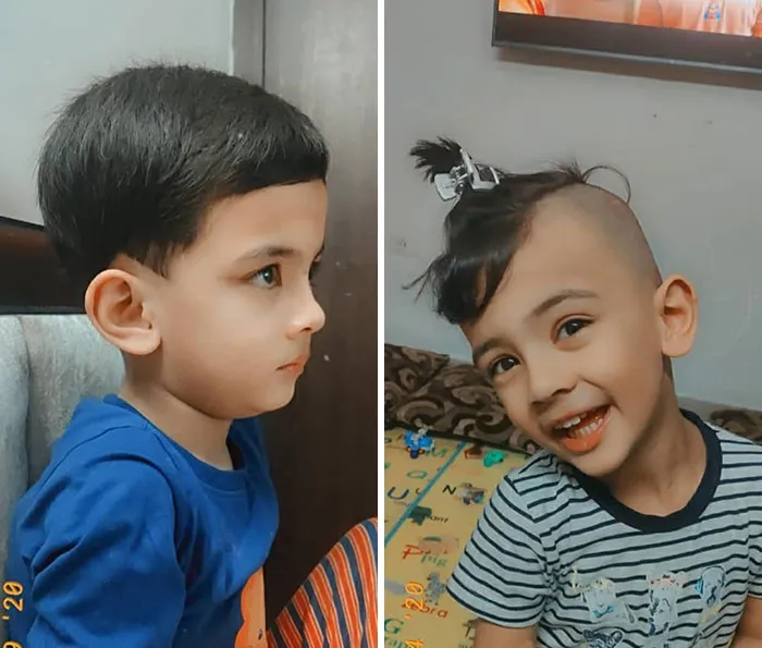 Side-by-side photos of a child showing the stark differences between moms and dads in grooming styles.