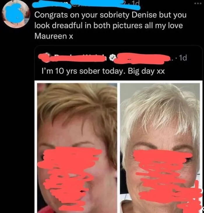 Screenshot of older person’s social media post showing a technology fail with humorous comments about sobriety milestones.