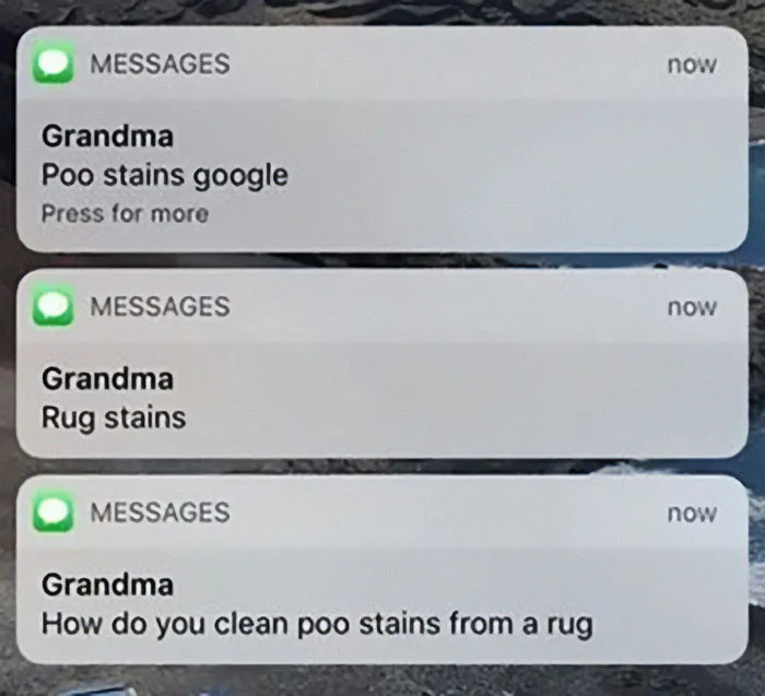 Text messages from grandma humorously failing at technology with funny mistakes about cleaning rug stains.