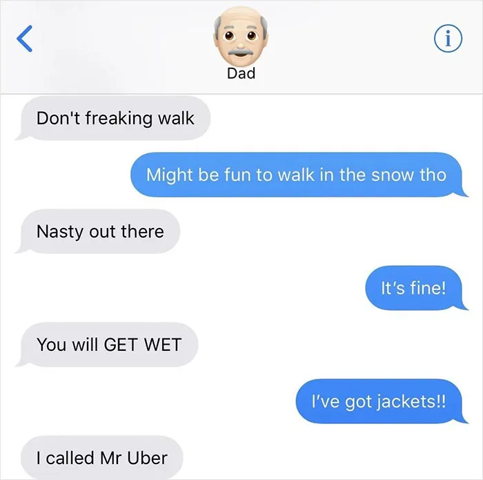 Text conversation showing older person struggling with technology, humorously calling Uber as a taxi service fails.