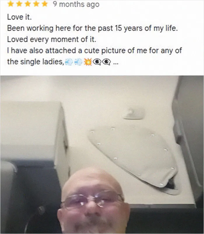 Older person humorously fails at technology by sharing a selfie in a work review, providing quality comedy moments.