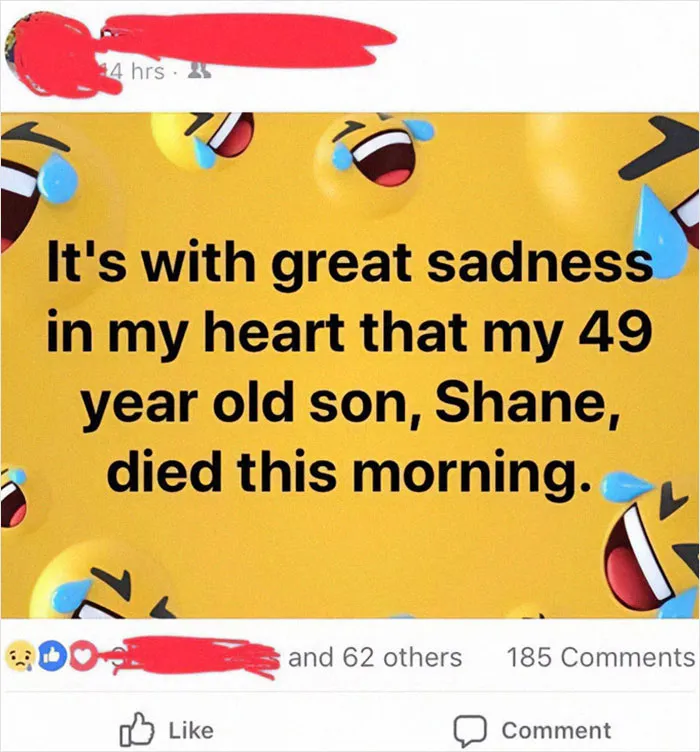 Facebook post with emojis misused in a sad message, illustrating older people failing at technology and providing comedy.