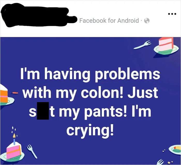 Facebook post showing a humorous text about older people failing at technology with a blue background and cake illustrations.
