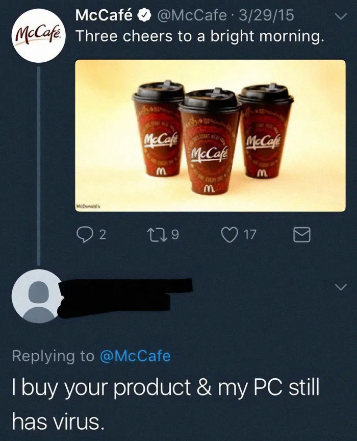 Social media post showing an older user humorously failing at technology with a coffee brand tweet reply.