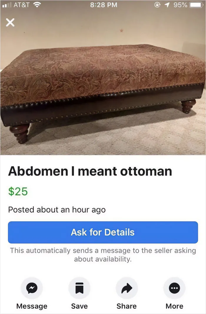 Furniture listing showing a humorous typo by older person failing at technology, calling an ottoman an abdomen for sale.