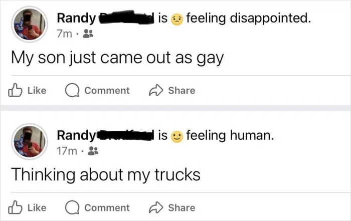Screenshot of social media posts showing a humorous technology fail involving confused status updates by older people.