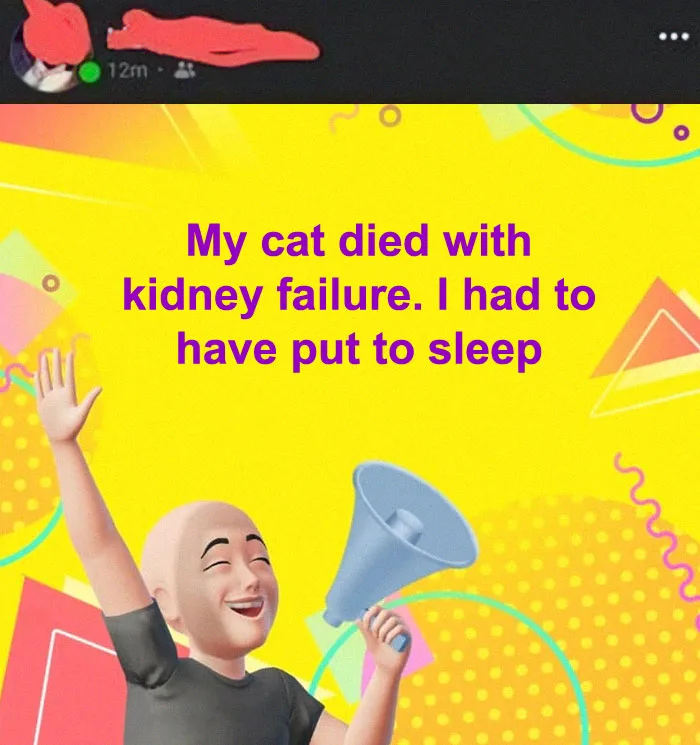 Older person humorously fails at technology with a confusing social media post about their cat’s kidney failure.