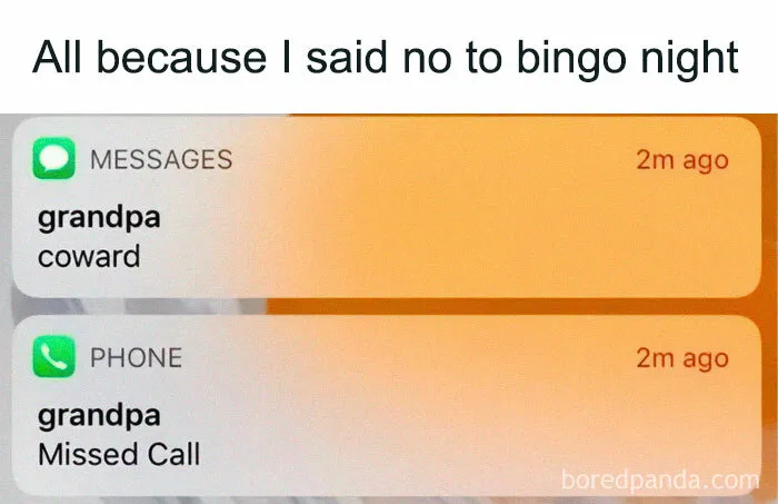 Text message and missed call from grandpa, showcasing older people failing at technology with humorous results.