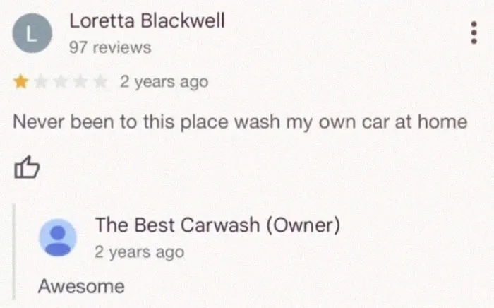 Screenshot of a humorous review showing older people failing at technology with a funny car wash misunderstanding.