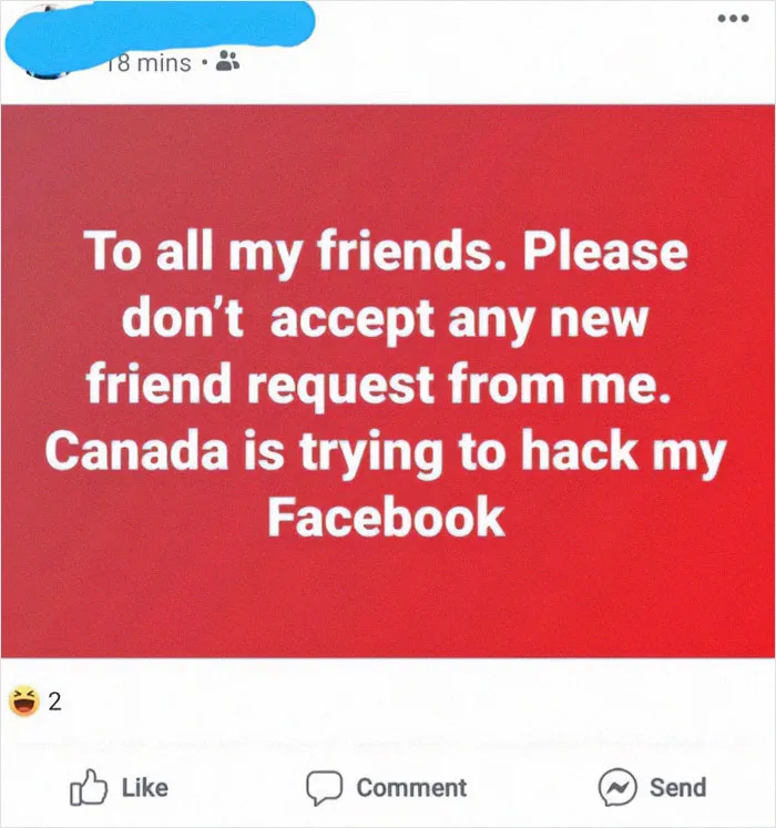 Facebook post with older person humor about failing at technology, warning friends about fake friend requests and hacking attempts.