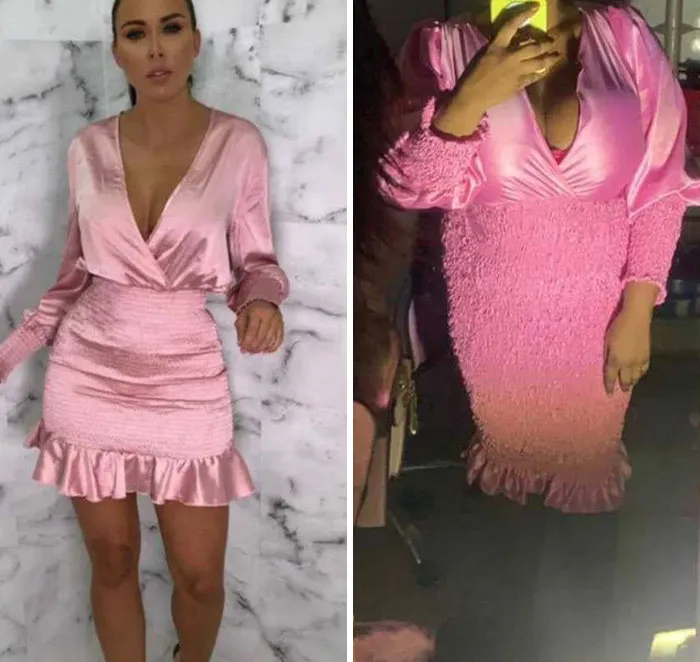 Comparison of ordered pink satin dress versus what was received, highlighting clothing fail and unexpected fit differences.