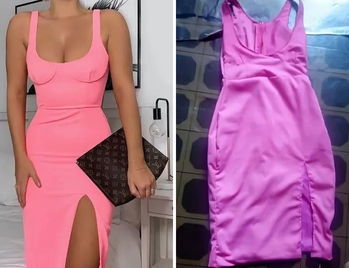 Comparison of a pink dress ordered online versus the disappointing dress actually received in a hilarious fail.