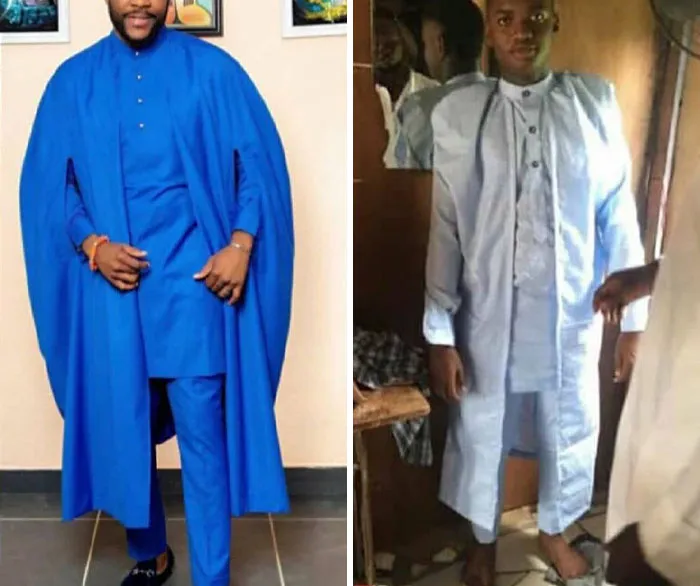 Man wearing a blue traditional outfit versus a poorly made imitation, illustrating a hilarious order fail comparison.