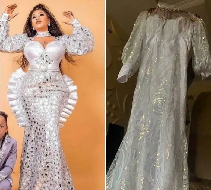 Comparison of an elegant white dress ordered versus a disappointing and ill-fitting dress received in a hilarious fail.