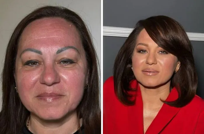 Transformación asombrosa de maquillaje en estudio que realza los rasgos faciales con un cambio completo y profesional.