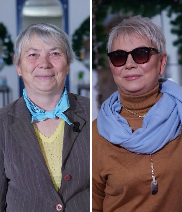Transformación asombrosa de maquillaje en mujer mayor con cambio de estilo y accesorios modernos en estudio profesional.