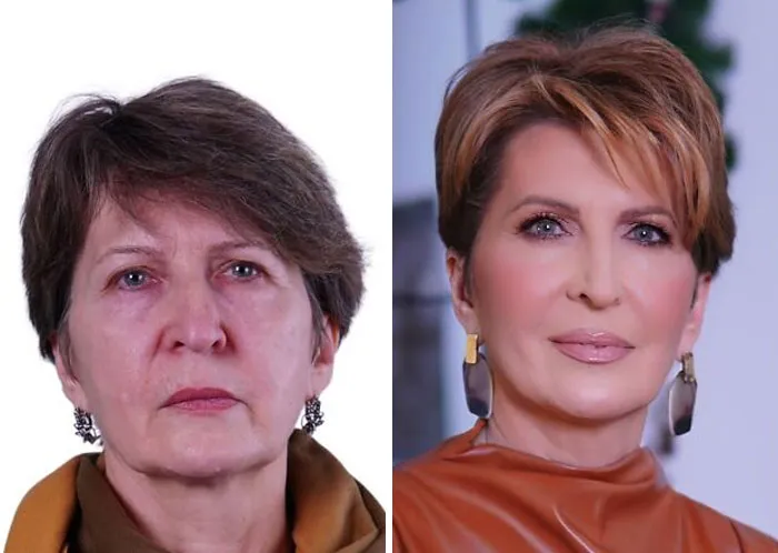 Transformación asombrosa de maquillaje en mujer mayor con cambio visible en piel, estilo y expresión facial moderna elegante.