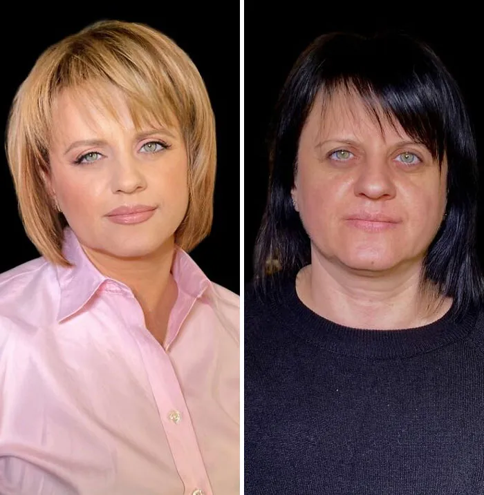 Transformación asombrosa de maquillaje de estudio, mostrando cambio facial antes y después con gran detalle y realce.