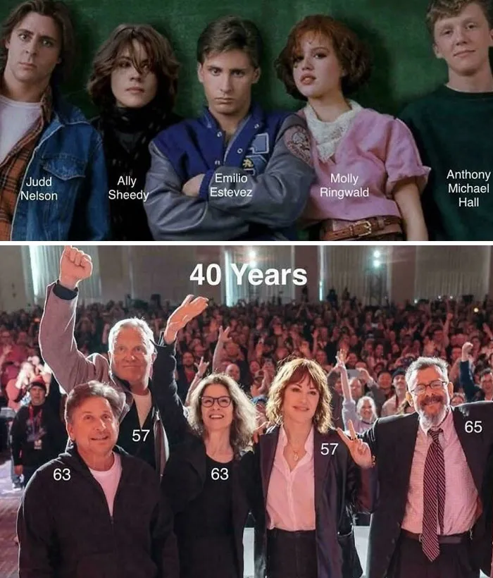 Cast members from The Breakfast Club posing in character and then 40 years later at a nostalgic reunion event.