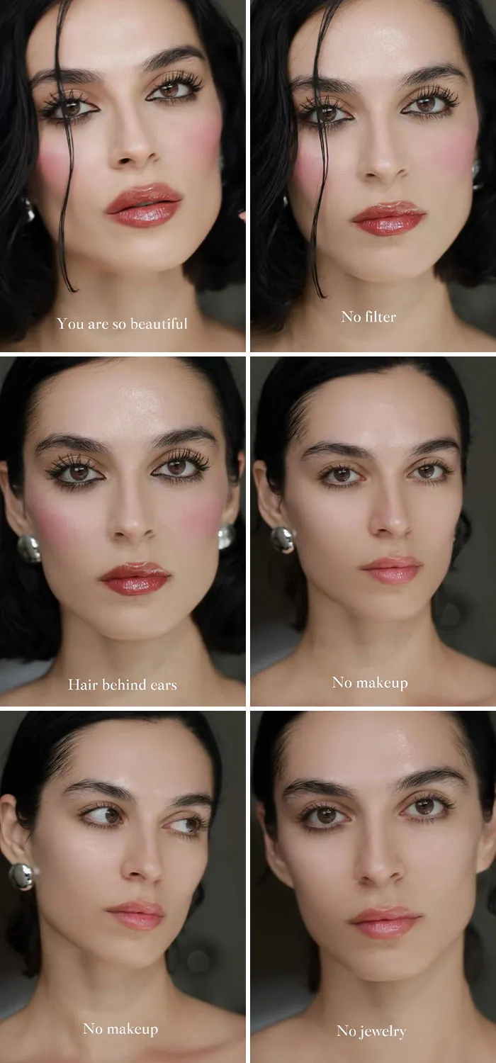 Close-up portraits of a woman showing the truth behind social media perfection and its impact on women’s appearance.