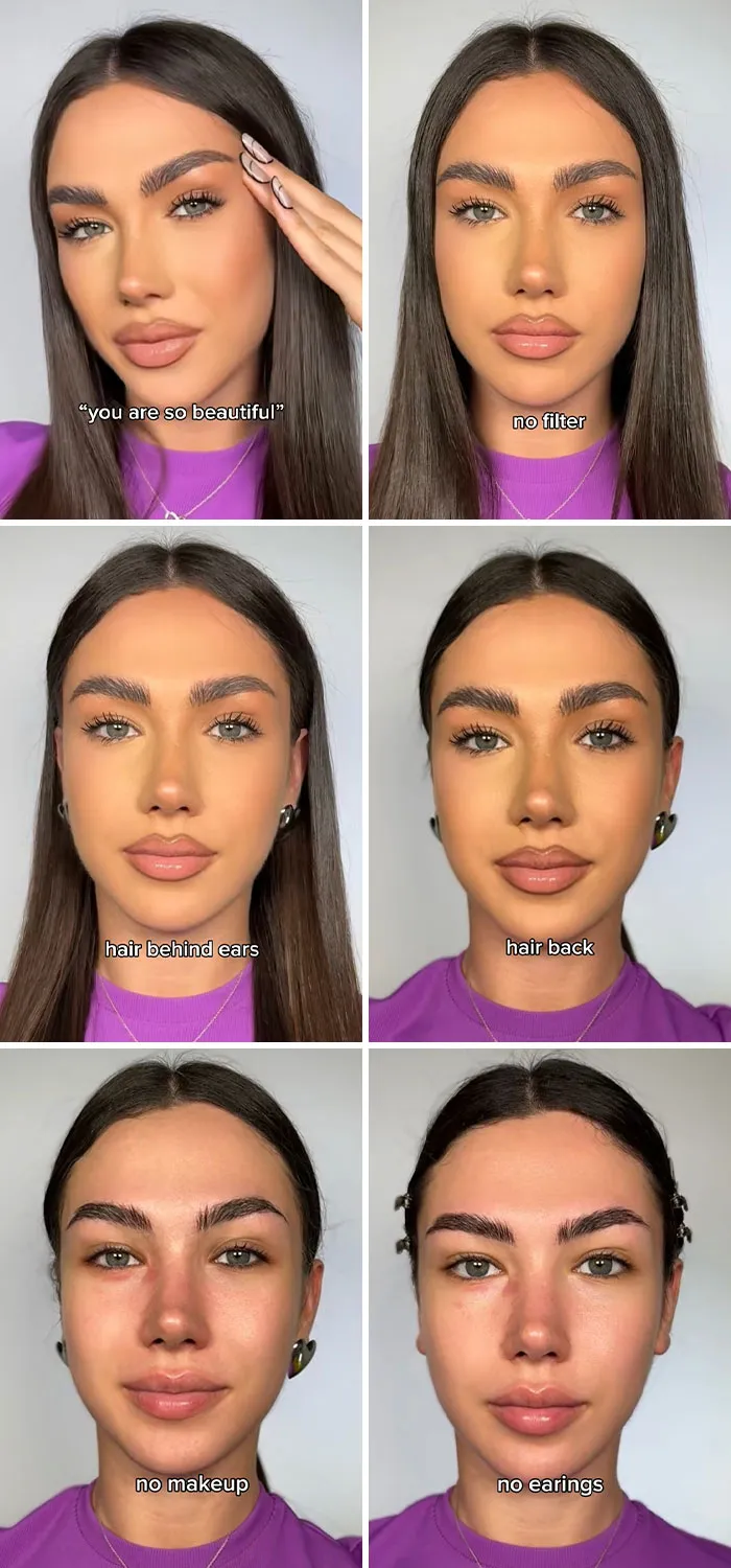 Young woman showing social media perfection truth with no filter, makeup, and different hairstyles in a collage of six photos.