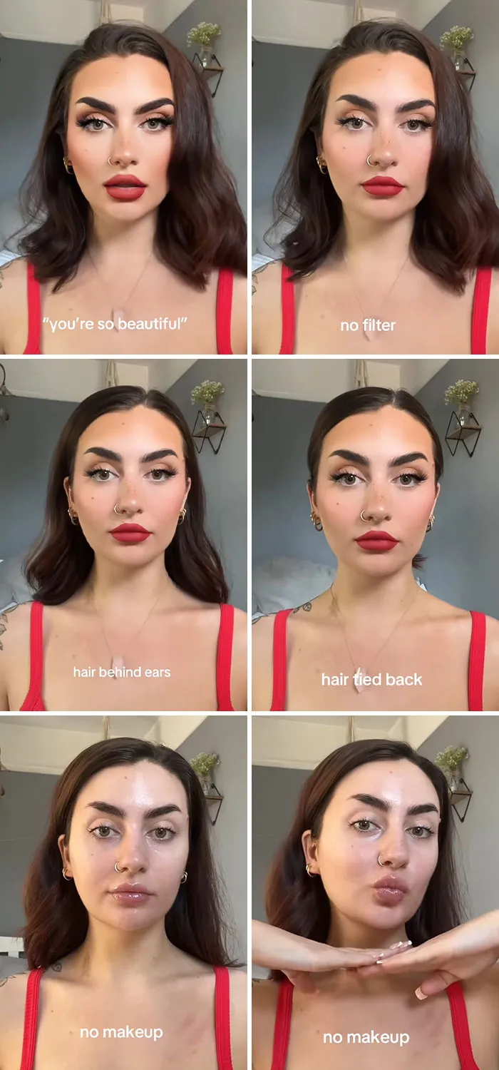 Woman showing the truth behind social media perfection with no filter, hair changes, and no makeup in six photo frames.