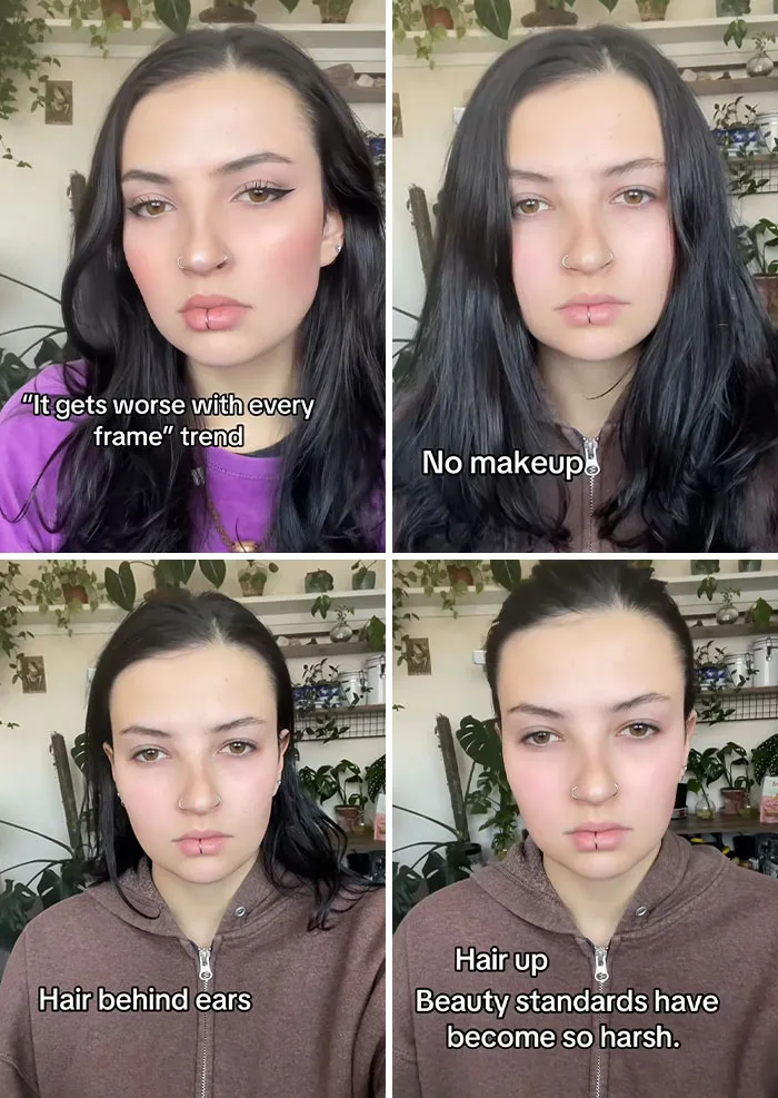 Young woman shows social media perfection truth with no makeup and natural looks in changing frames trend.