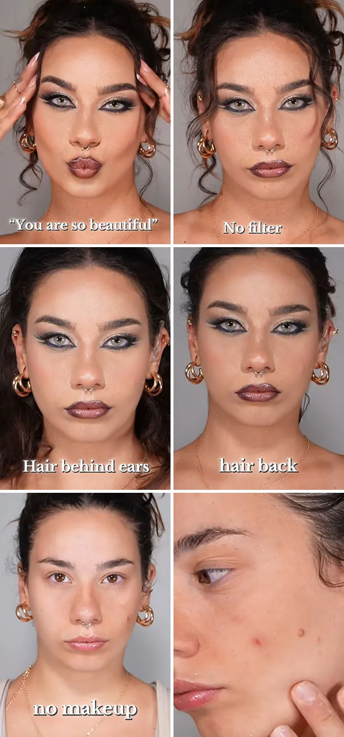 Woman revealing the truth behind social media perfection with makeup, no filter, and natural skin close-up.