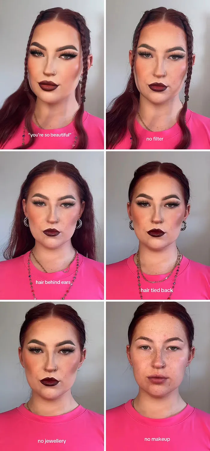 Woman reveals the truth behind social media perfection with and without makeup, filters, and styling in multiple frames.