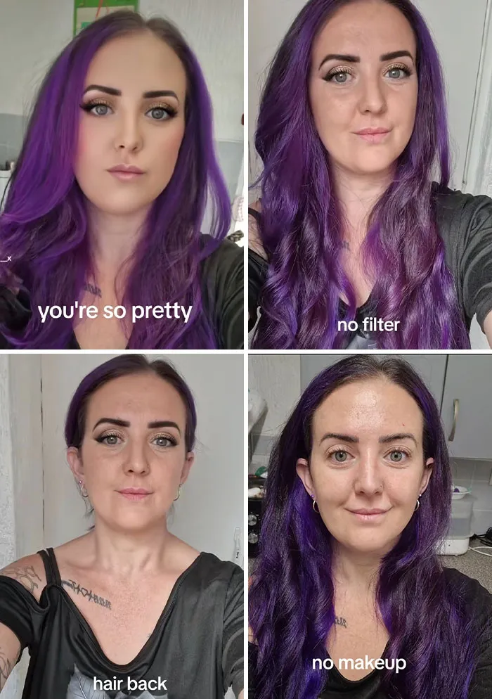 Woman with purple hair showing social media perfection versus reality with no filter, no makeup, and hair pulled back.