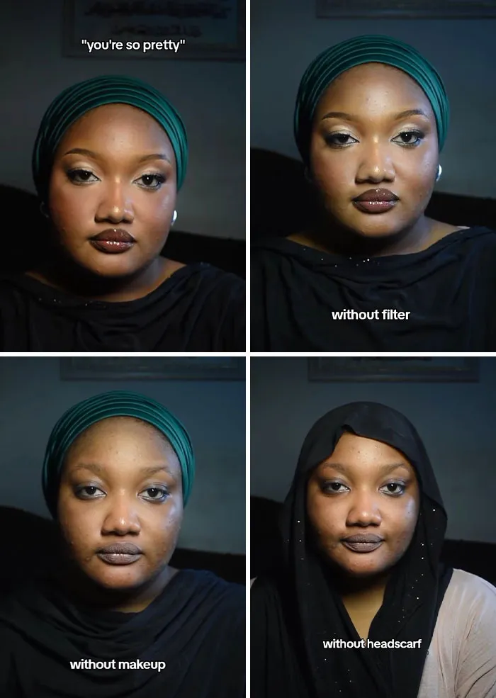 Woman revealing truth behind social media perfection through unfiltered, no makeup, and without headscarf images.