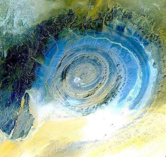 Aerial view of a natural circular land formation with strange and unexplained histories in the desert landscape.