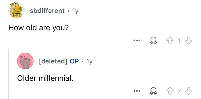 Screenshot of a Reddit Q&A showing a question about age and a response mentioning an older millennial, related to billionaire families.