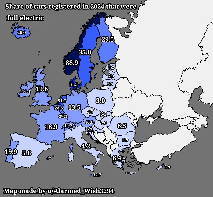 Map showing the share of fully electric cars registered in European countries in 2024 with data visualization.