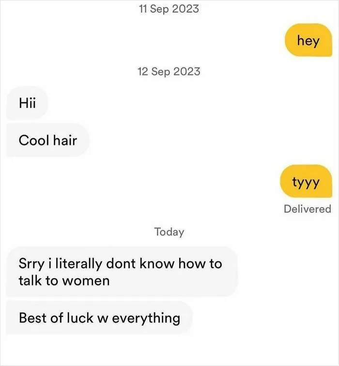 Text message exchange showing awkward dating app conversation with someone admitting they don't know how to talk to women.