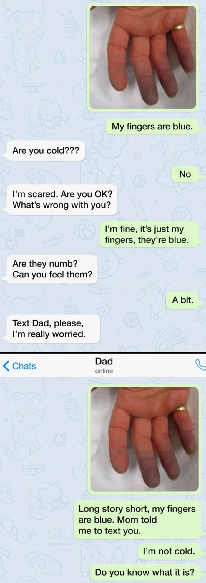 Text conversation showing funny differences between moms and dads reacting to someone’s blue fingers.