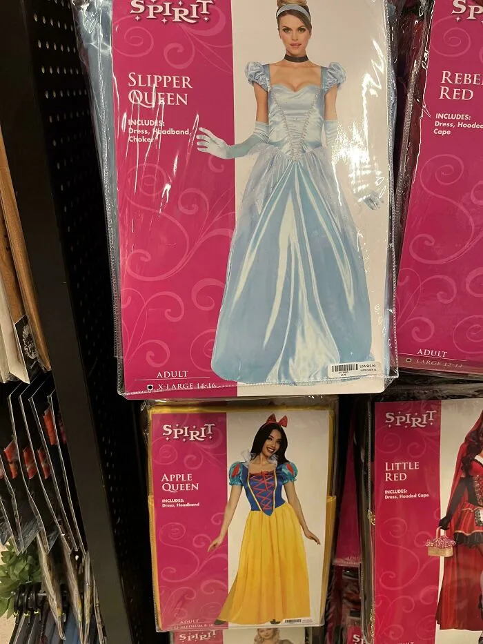 Off-brand Halloween costumes including Slipper Queen and Apple Queen displayed in packaging on store shelves.