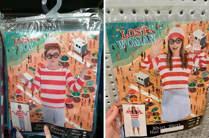 Off-brand Halloween costumes featuring "Lost Boy" and "Lost Woman" with striped shirts and round glasses in packaging.